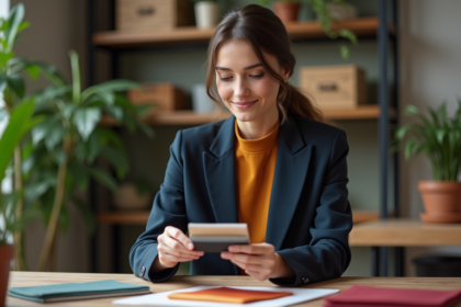 Jeune femme en tenue chic examine des échantillons de tissus
