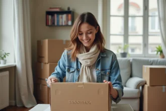 Jeune femme déballant une box dans un appartement parisien