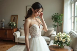 Jeune femme en robe de mariée ajustant une perle dans ses cheveux