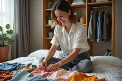 Jeune femme souriante arrangeant des vêtements colorés dans une chambre