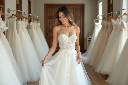 Jeune femme en robe de mariée regardant le tissu
