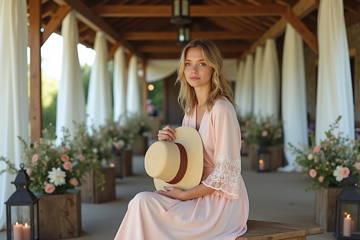 Jeune femme en robe pastel assise sur une banque en ferme