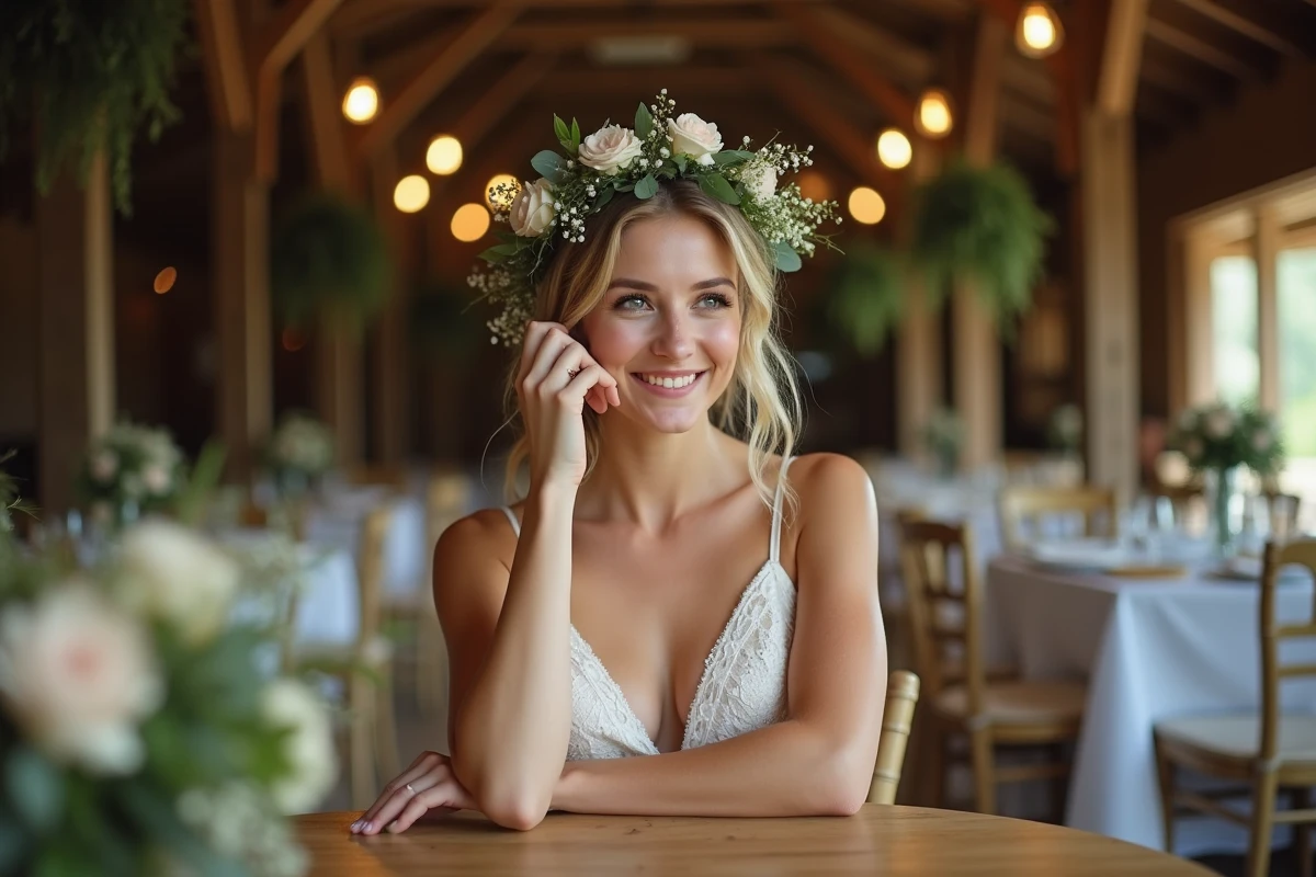 Jeune mariée ajustant sa couronne de fleurs dans une grange rustique