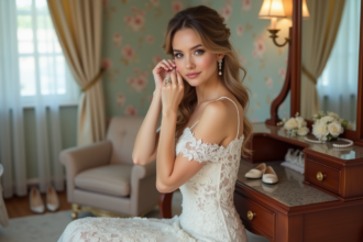 Jeune mariée en dentelle ajuste ses boucles d'oreilles dans sa chambre