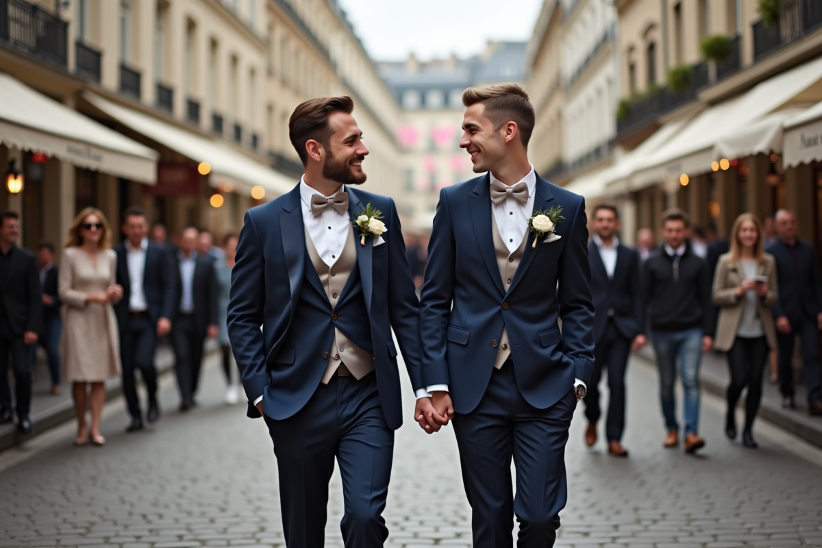 Deux jeunes hommes riant lors de leur mariage dans une place parisienne