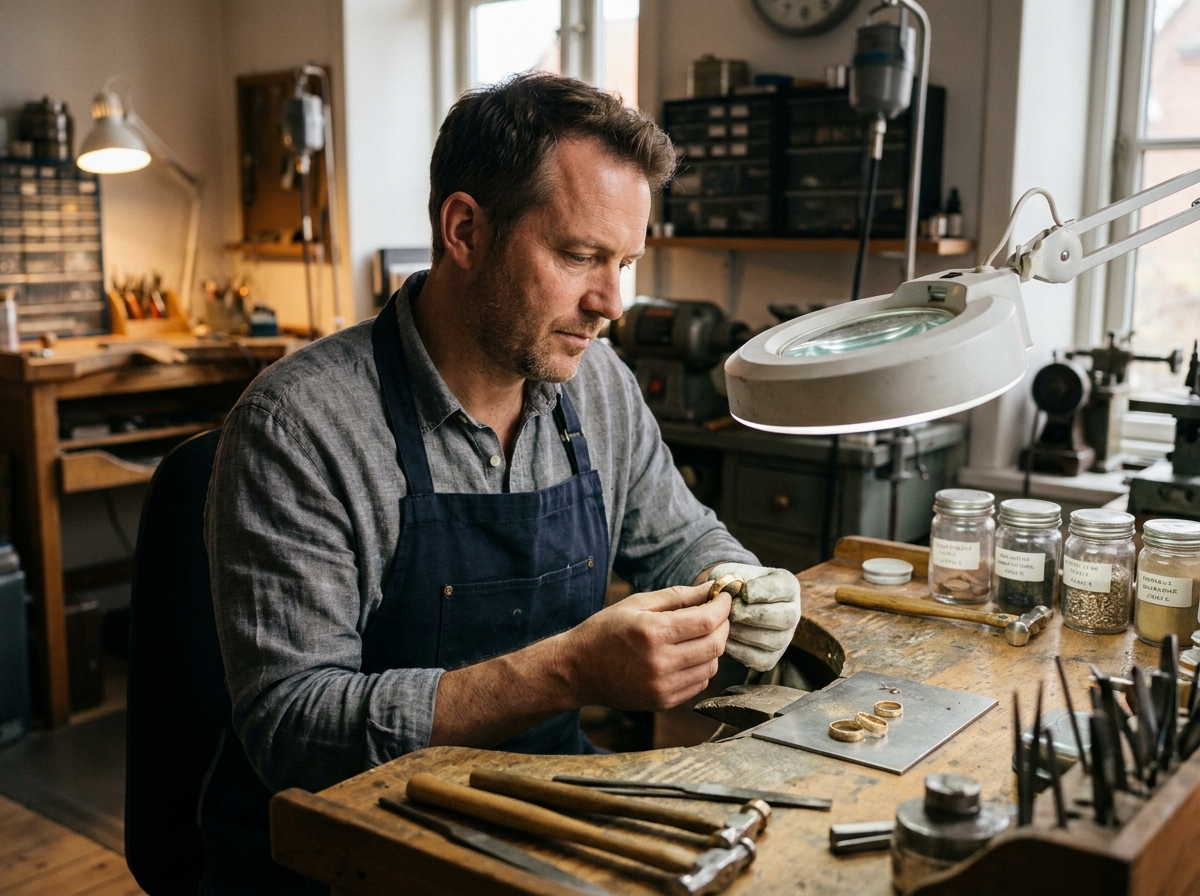 Joaillier artisan examinant des ébauches de bagues de mariage en platine et or blanc dans son atelier de joaillerie