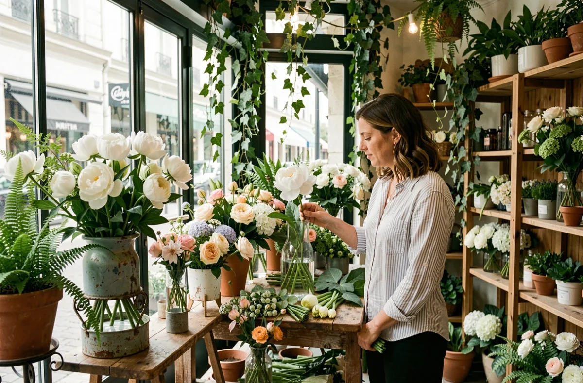 Le Jardin Dobrée, fleuriste à Nantes, boutique florale verdoyante avec pivoines, fougères et arrangements botaniques luxuriants en vitrine