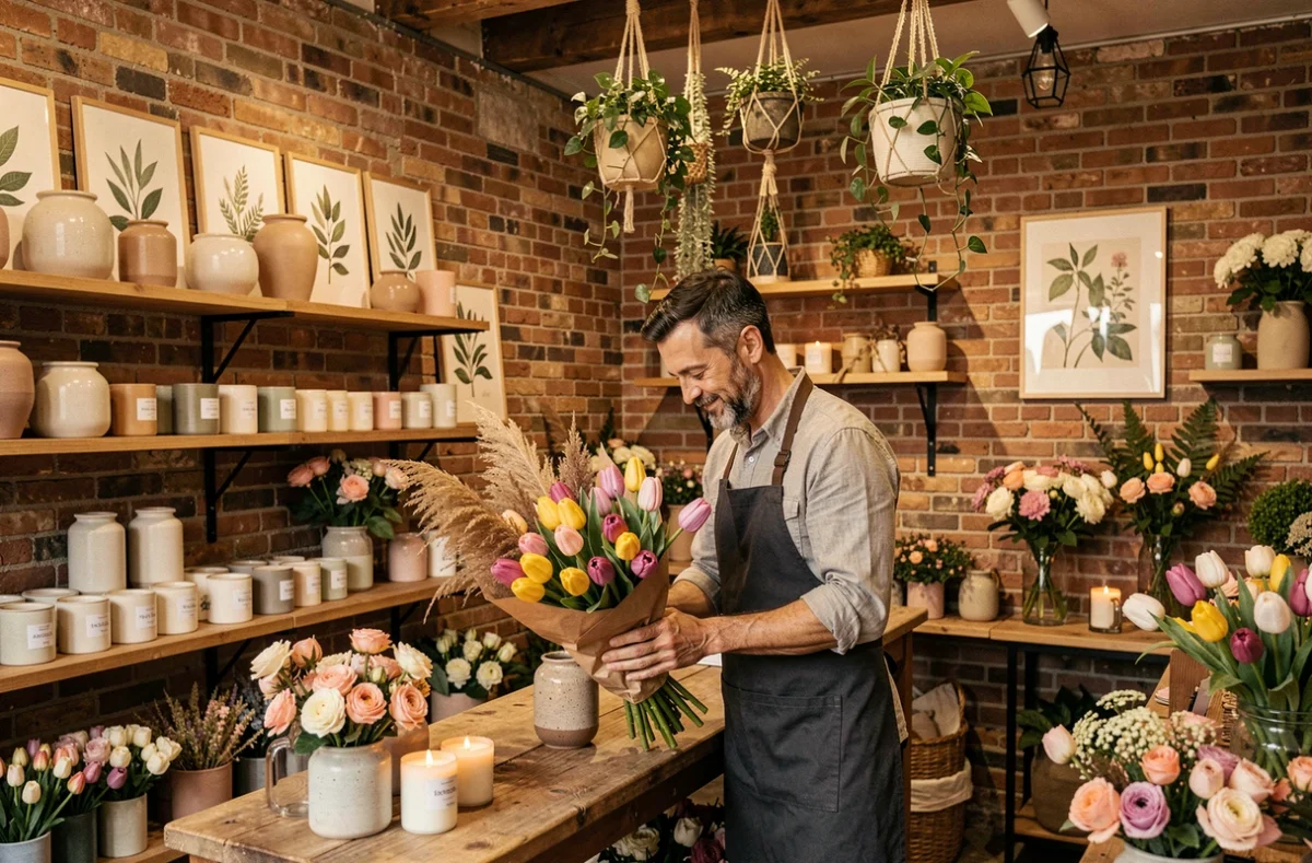 Le Lycée, fleuriste et concept store à Angers, intérieur stylé avec bouquets artisanaux, vases céramiques et décoration botanique curatée