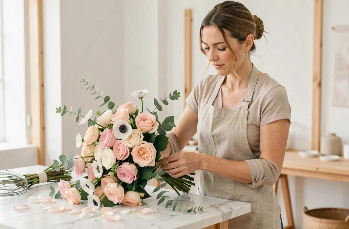 Fleuriste de mariage sur mesure, Les Fleurs de Kleg, composant un bouquet nuptial personnalisé avec des roses de jardin et feuillages retombants