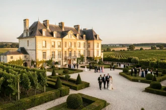 Vue panoramique d'un lieu de réception châtelain en Nouvelle-Aquitaine entouré de vignes et de jardins soignés