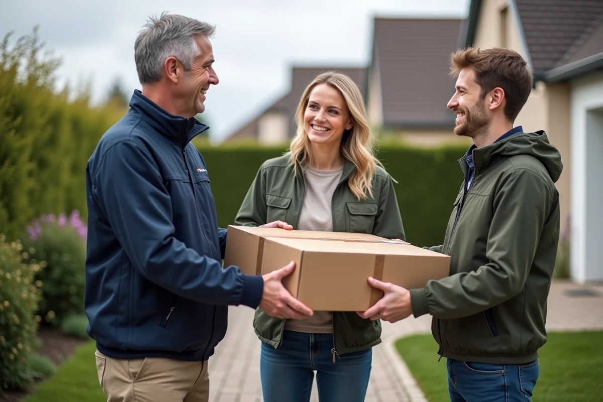 Livreur remettant une box à un couple devant une maison
