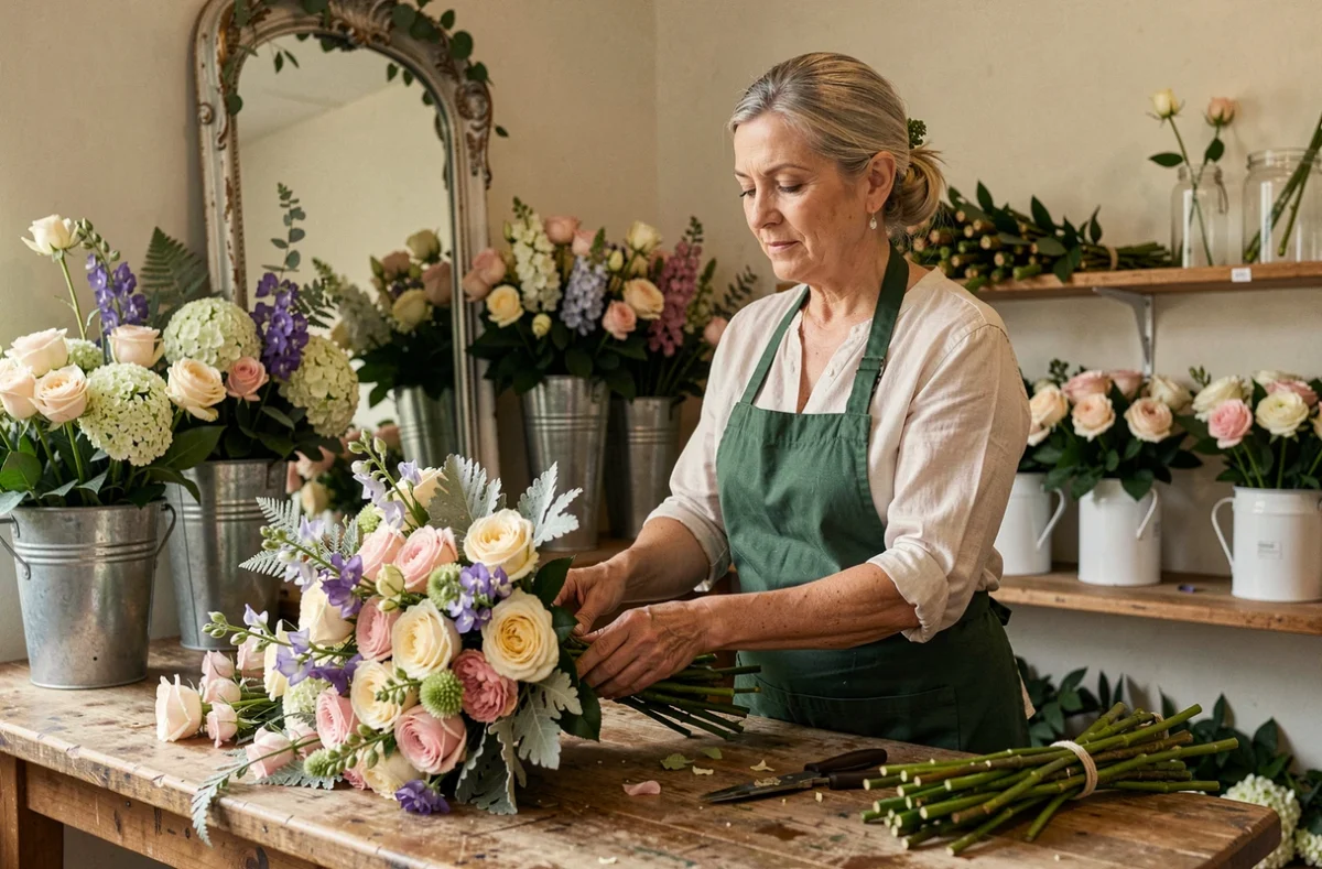 Lydie, artisan fleuriste à Angers, assemblant un bouquet nuptial romantique de roses anciennes et pois de senteur dans son atelier traditionnel