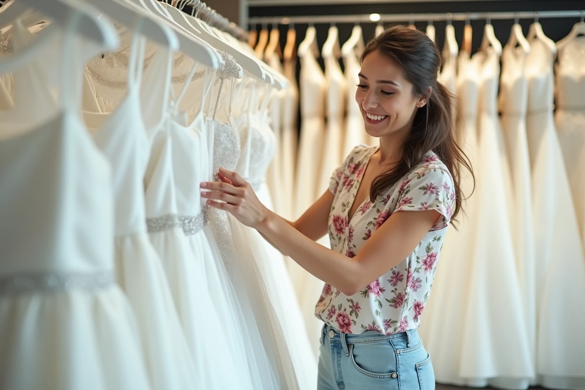 Femme consultant les prix de robes de mariée dans un magasin de mariage discount avec des robes sur des portants