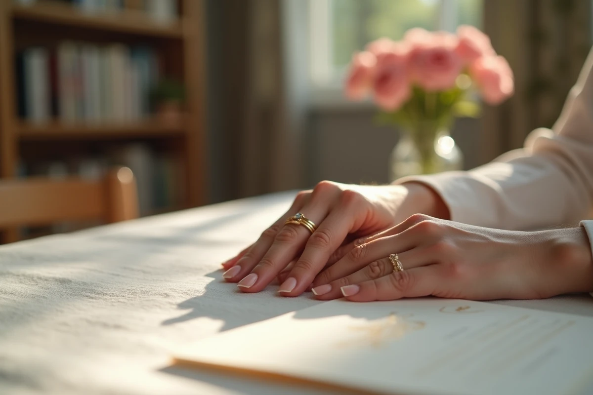 Mains entrelacees avec alliance et invitation de mariage