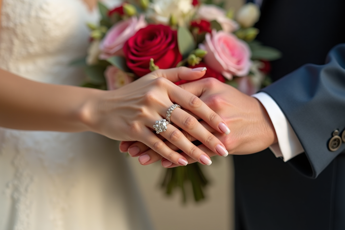 Mains de mariés avec bagues et bouquet coloré