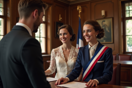 Maire souriante remettant un certificat de mariage à un couple heureux