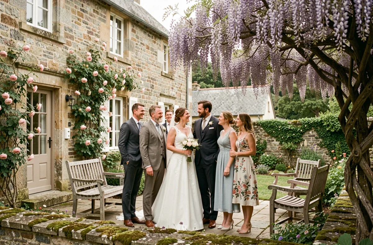 Mariage discret et élégant au Manoir de Kerangosquer en Bretagne sud, groupe de mariés sur terrasse en pierre avec glycine centenaire et jardin clos fleuri