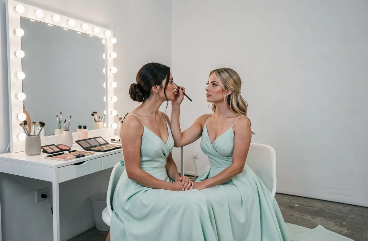 Deux femmes en robes vert d'eau se maquillent ensemble dans un studio de mariée moderne et épuré