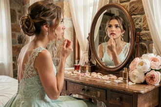 Mariée en robe vert d'eau appliquant un maquillage corail devant un miroir vintage dans une suite nuptiale élégante