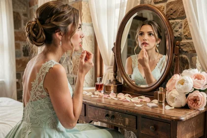 Mariée en robe vert d'eau appliquant un maquillage corail devant un miroir vintage dans une suite nuptiale élégante