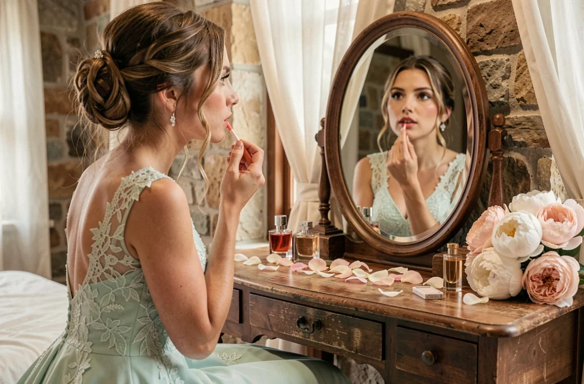 Mariée en robe vert d'eau appliquant un maquillage corail devant un miroir vintage dans une suite nuptiale élégante
