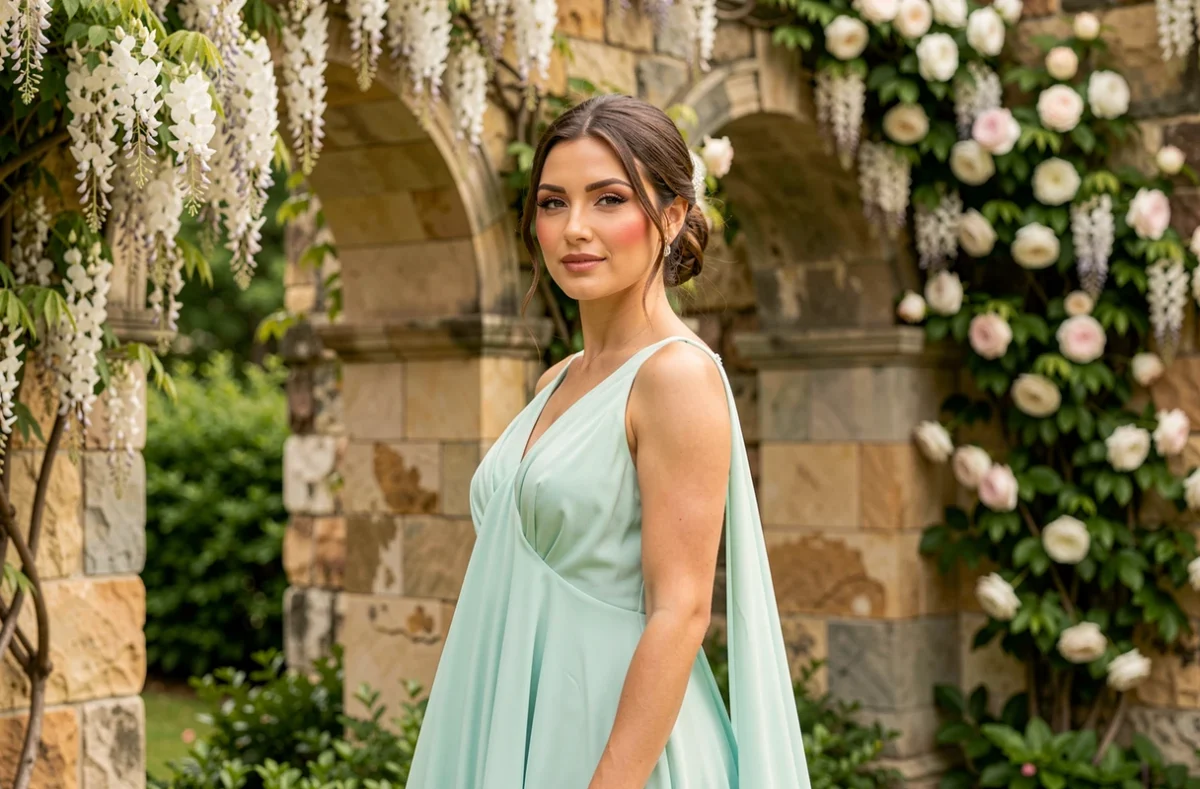 Femme en robe de mariée vert d'eau avec un maquillage nude rosé dans un jardin fleuri en pierre