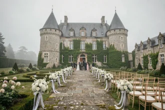Vue panoramique d'un château breton en pierre avec jardins fleuris et allée décorée pour un mariage, atmosphère élégante et romantique