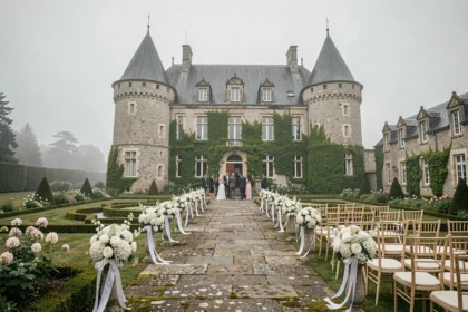 Vue panoramique d'un château breton en pierre avec jardins fleuris et allée décorée pour un mariage, atmosphère élégante et romantique