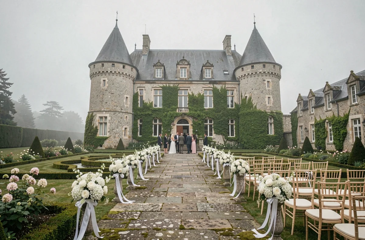 Vue panoramique d'un château breton en pierre avec jardins fleuris et allée décorée pour un mariage, atmosphère élégante et romantique
