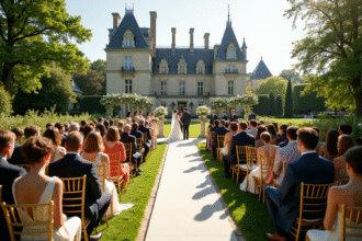 Cérémonie de mariage élégante devant un château français