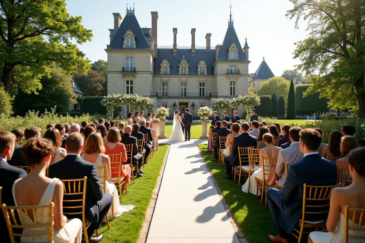 Cérémonie de mariage élégante devant un château français