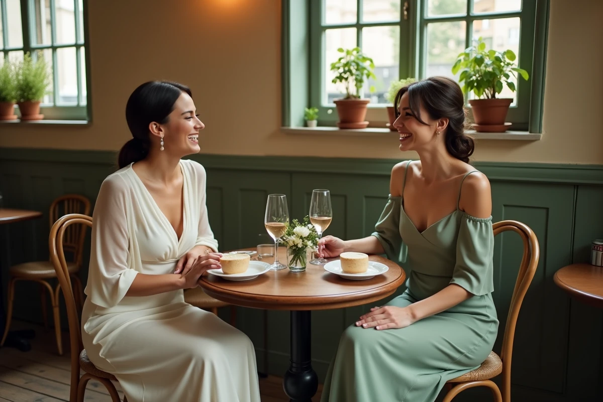 Deux mariées en robes simples et abordables célébrant leur mariage civil dans une brasserie française intimiste