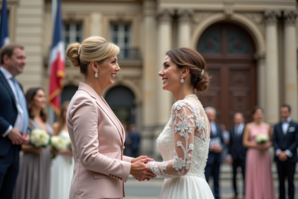 Deux femmes mariées en civil échangeant leurs vœux devant la mairie