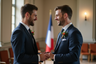 Deux hommes en costume échangent des alliances lors d'une cérémonie civile