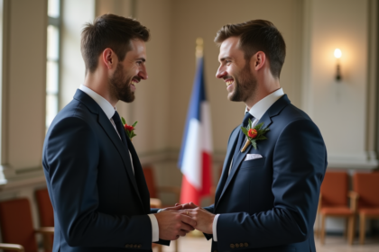 Deux hommes en costume échangent des alliances lors d'une cérémonie civile