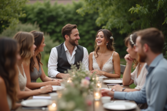 Jeune couple de mariés dans un jardin lors d'une cérémonie