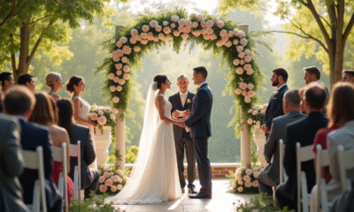 Couple de mariage échangeant leurs vœux sous un arc décoré en plein air