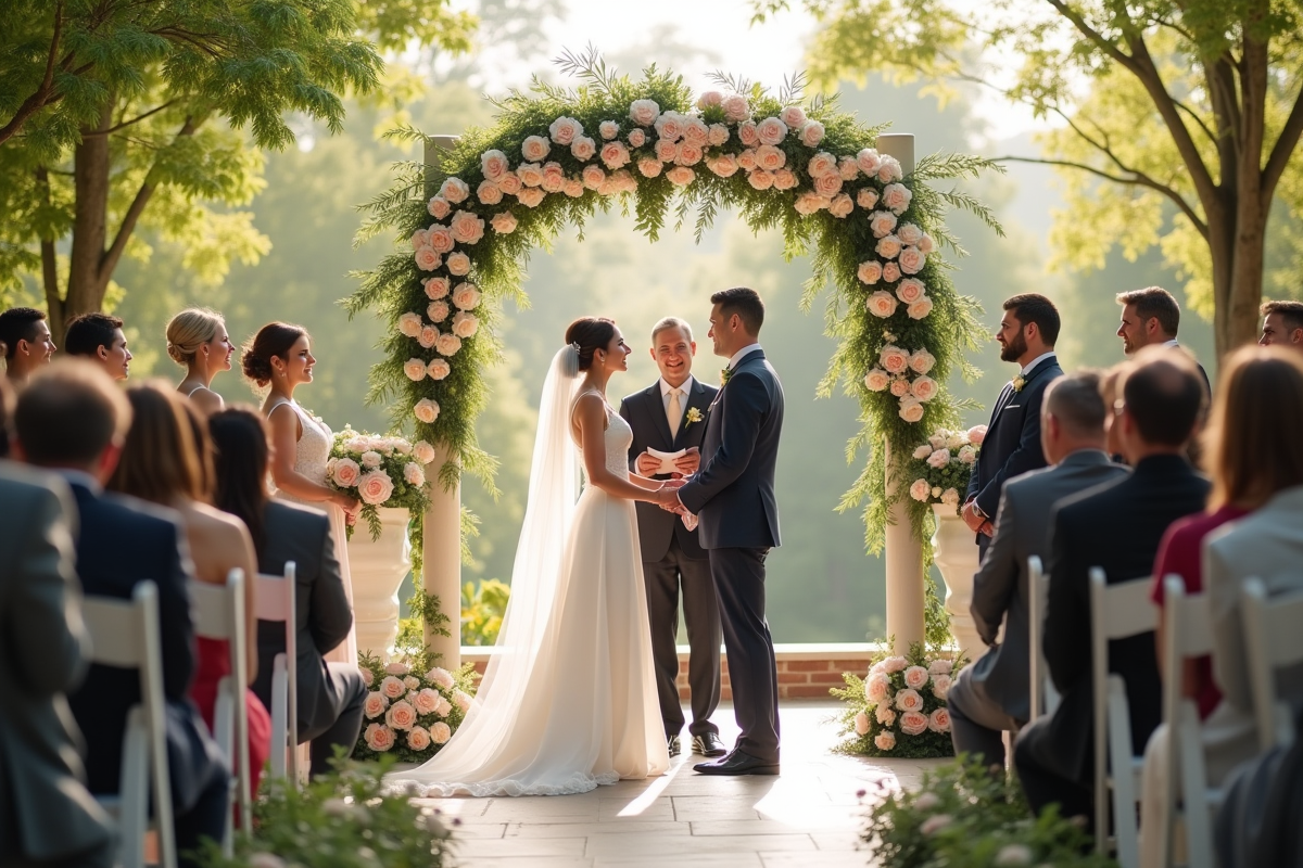 Couple de mariage échangeant leurs vœux sous un arc décoré en plein air