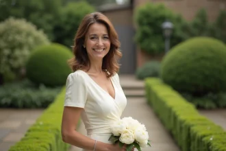 Femme élégante en robe ivoire tenant un bouquet de pivoines blanches lors d'une réception de mariage dans un jardin verdoyant