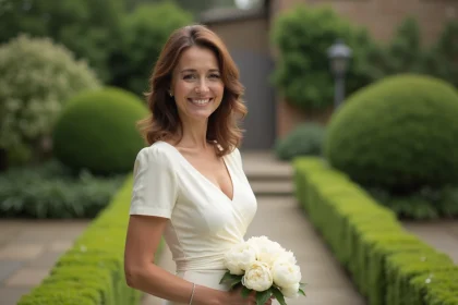 Femme élégante en robe ivoire tenant un bouquet de pivoines blanches lors d'une réception de mariage dans un jardin verdoyant