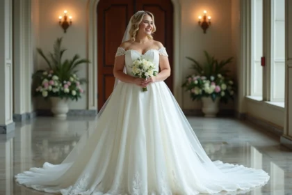 Femme joyeuse en robe de mariage empire avec bouquet
