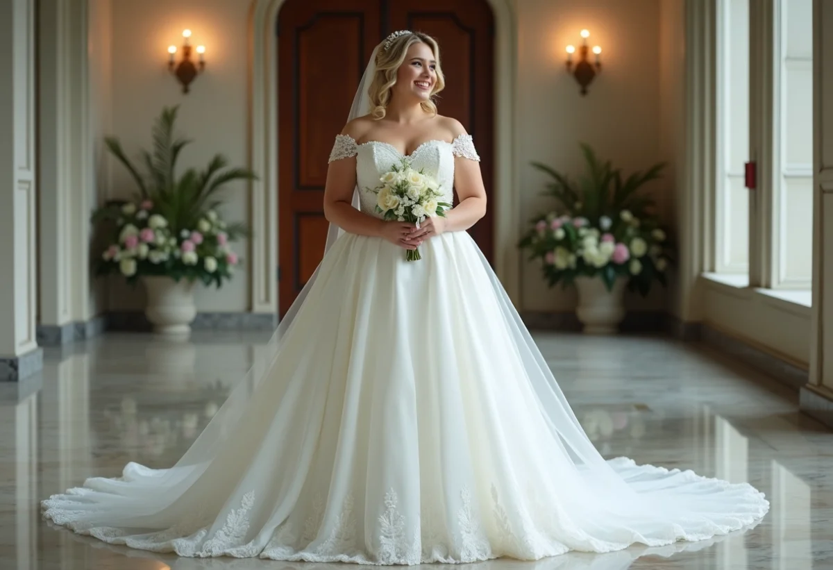 Femme joyeuse en robe de mariage empire avec bouquet