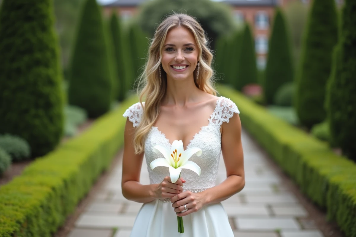 Jeune mariée souriante avec lys blanc dans un jardin