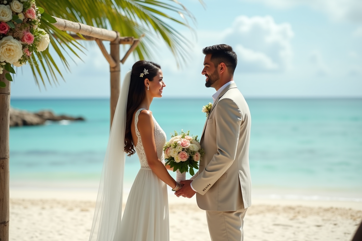 Couple lors d un mariage sur une plage exotique
