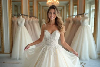 Jeune mariée en robe princesse dans une boutique de mariage