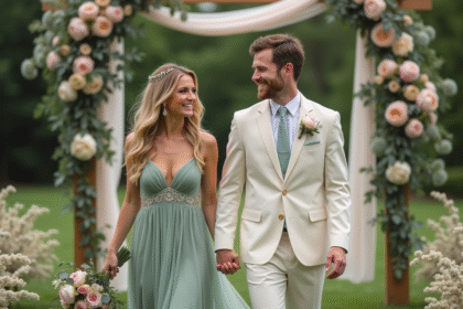 Mariage romantique avec couple dans un jardin fleuri