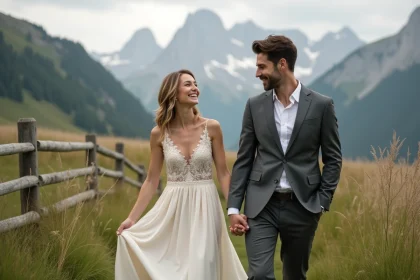Couple de mariés dans un pré alpin en Savoie avec vue sur les montagnes enneigées lors d'un reportage Little Story