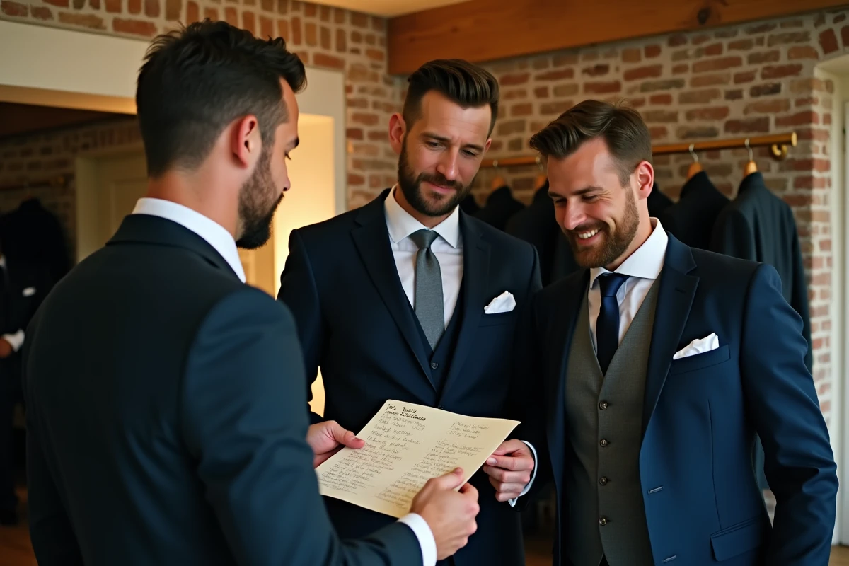 Marié et ses témoins masculins préparant ensemble les jeux de mariage dans les coulisses