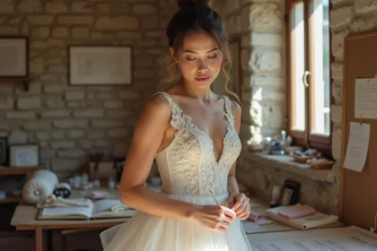 Mariée en robe blanche ivoire brodée à la main dans un atelier de couture, entourée de tissus et de carnets de croquis personnels évoquant son histoire d'amour