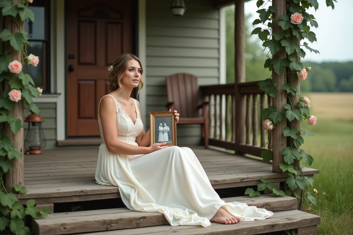 Mariée en robe blanche chiffon assise sur les marches d'une ancienne ferme familiale, tenant une photo de couple ancienne symbolisant une histoire d'amour transmise de génération en génération